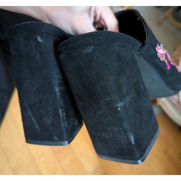 New Look Black Suedette Floral Embroidered Mule Sandals Open Toe Block Heel Sz 7 - Picture 7 of 10